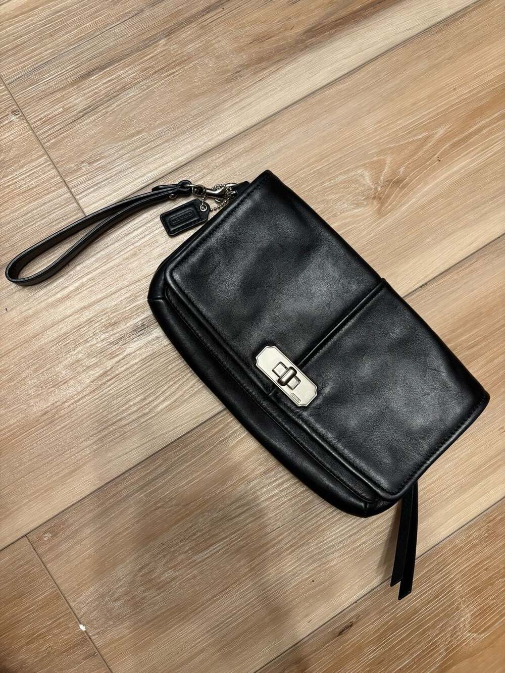 Coach Black Leather Kristin Wristlet Clutch Silver Hardware